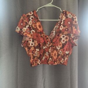 Altar'd State Floral Ruffle Sleeve Blouse - Orange And Browns